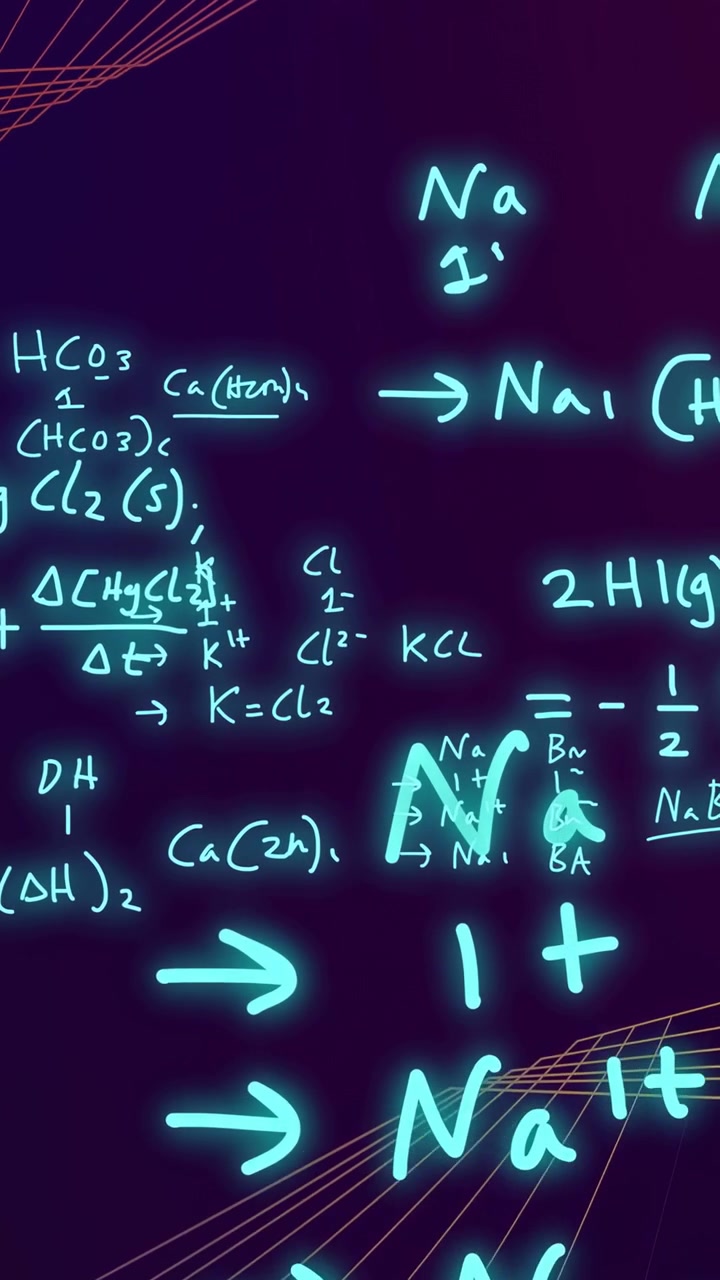 Vertical video: View shifting causing cyan formulas appearing and growing, zooming to show notes