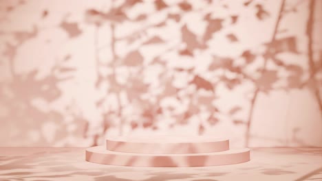 empty pink podium with shadows of leaves on a yellow background