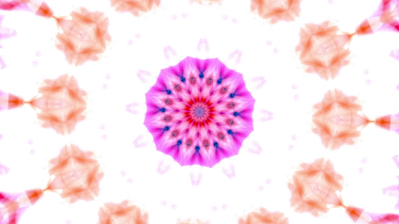 Sfondo animato simmetrico astratto con onde caleidoscopiche di luci al neon colorate e scintillanti. Movimento astratto di particelle digitali a rete in un caleidoscopio futuristico in loop. Per intro di tecnologia cibernetica, sfondo, loop VJ