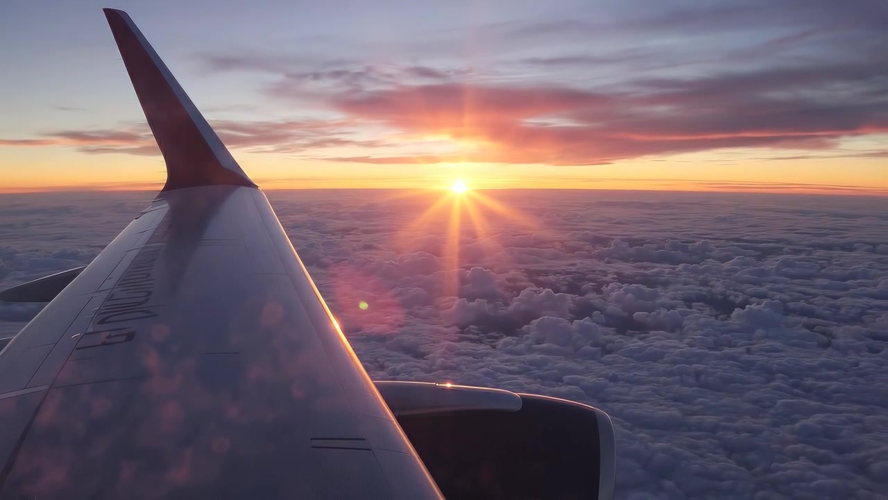 Vista dell'ala di un aereo sopra le nuvole al tramonto