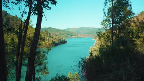 countryside river among mountain hills behind wind shaking trees on summertime at sunshine under blue sky wide open shot 4k