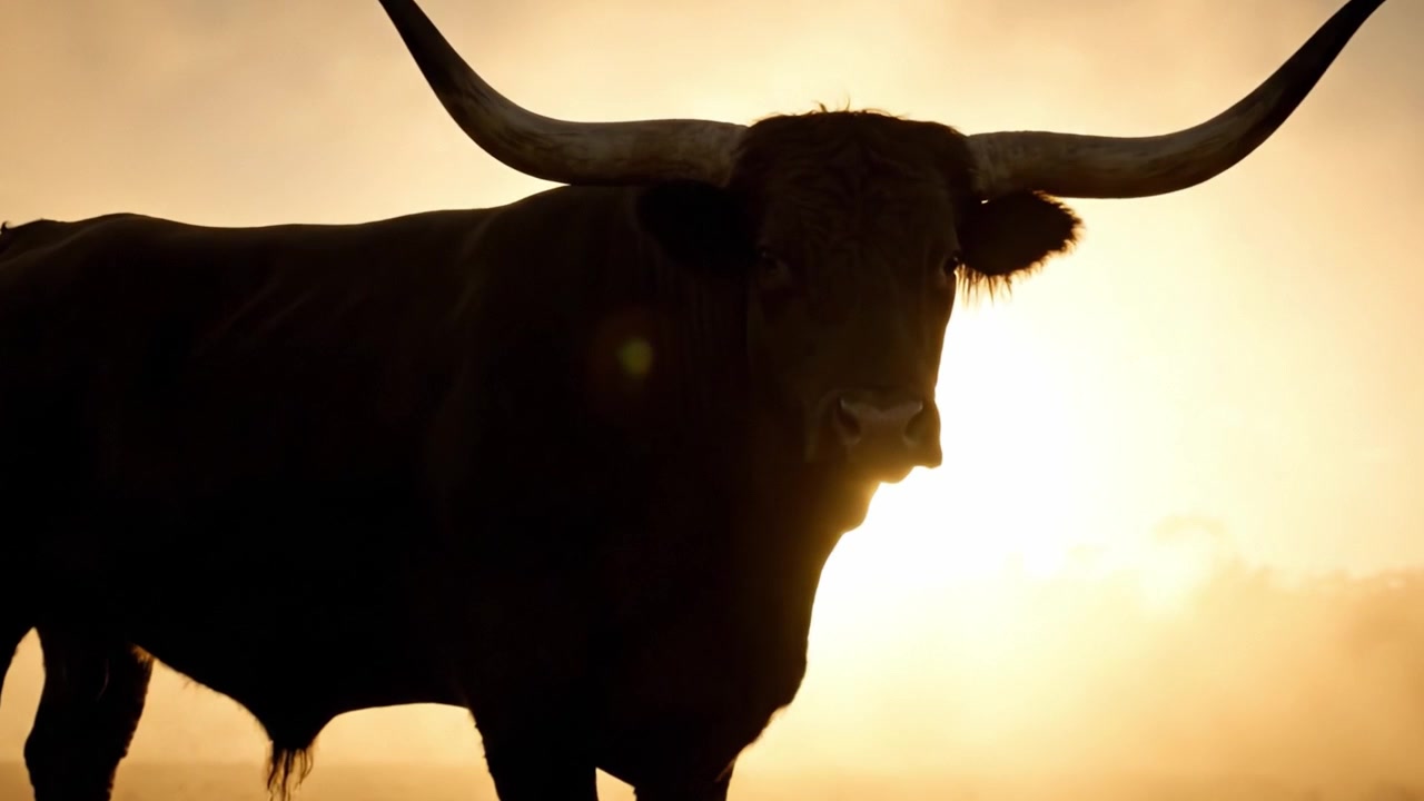 Maestosa silhouette di toro contro un tramonto dorato, che cattura la forza e la grazia delle potenti creature della natura in un paesaggio mozzafiato