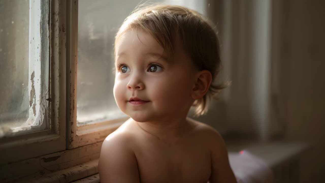 Camera clicking drawing shirtless toddler's gaze, toddler turning head and smiling at window seat
