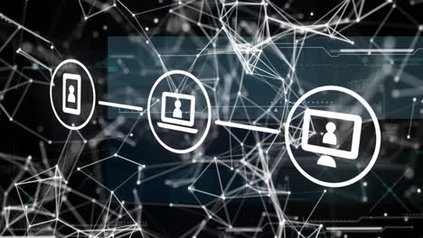 animation of data processing and shapes over network of connections with icons