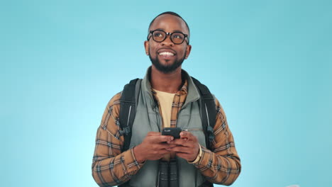 Hiking,-phone-and-black-man-typing-on-blue