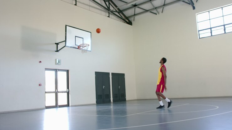 Uomo afroamericano gioca a basket al chiuso