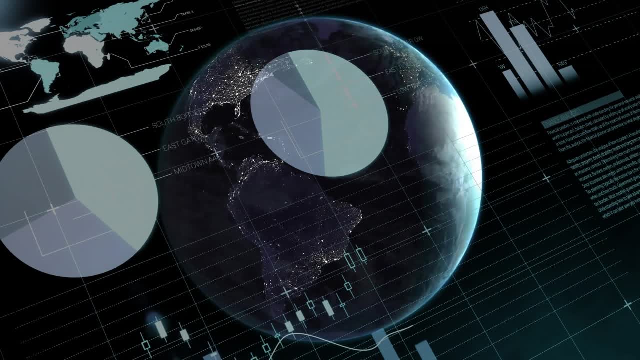 Globe rotating with data table updating gauge cycling pie charts sliding map fading graphs rising
