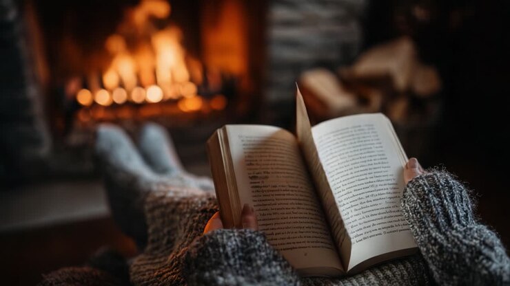 Momenti accoglienti: una persona si gode un libro accanto a un caldo caminetto in un ambiente confortevole, assaporando la gioia della lettura in un'atmosfera serena