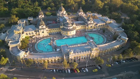 szechenyi thermal baths in budapest, hungary city park - amazing cinematic drone view