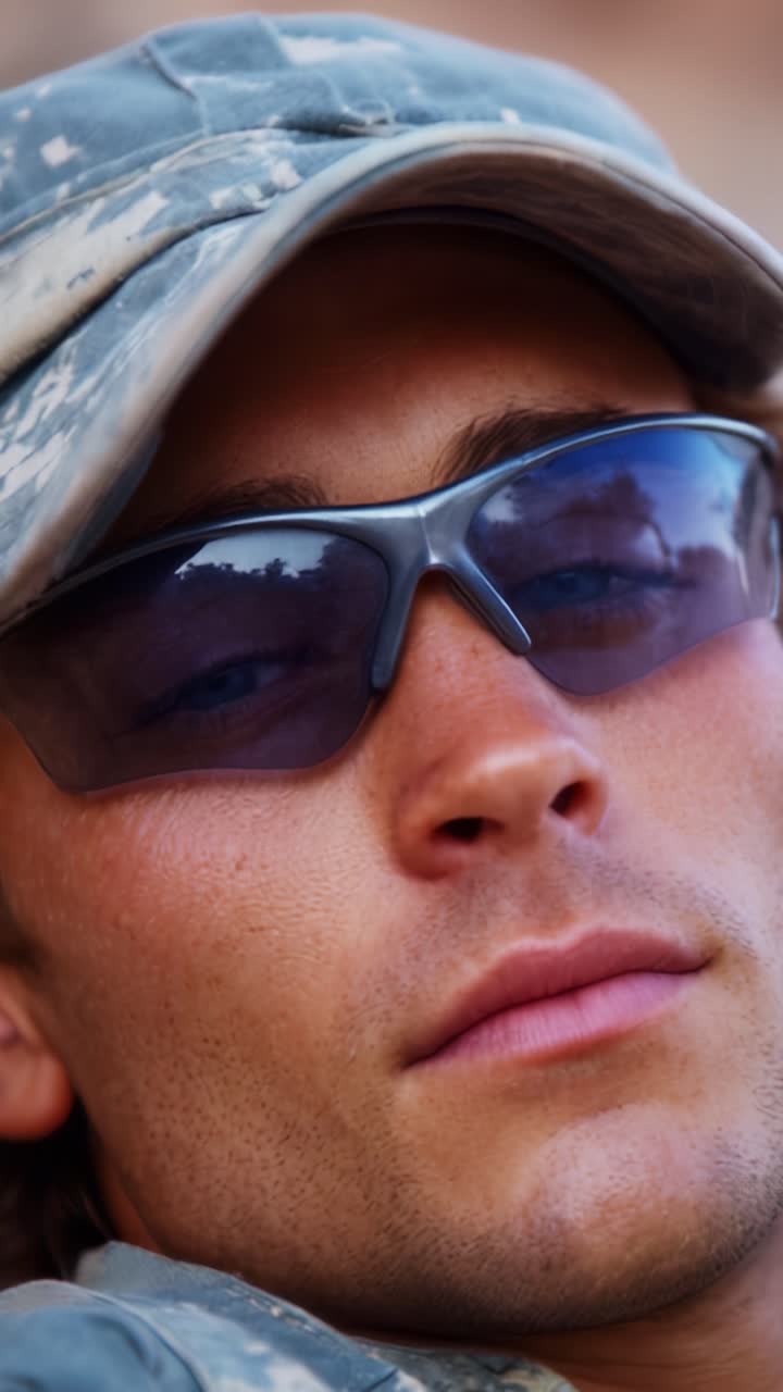 Close-Up Portrait of a Soldier Wearing Sunglasses and Camouflage Cap with a Focus on Facial Features and Expressions Against a Blurred Background