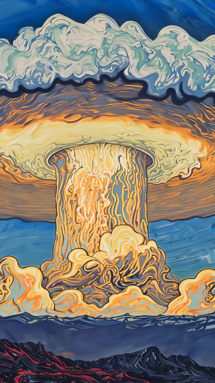 Vertical video: Erupting mushroom cloud rising above ocean horizon, with waves and shoreline