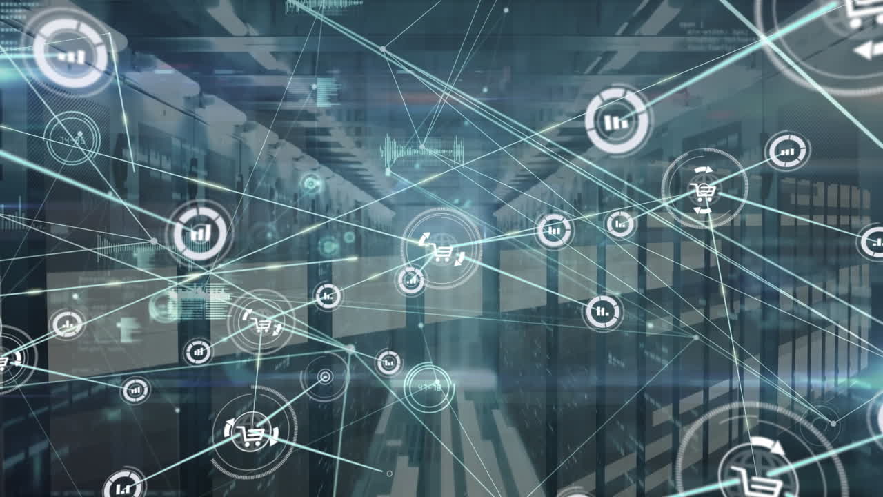 animación de la red de conexiones con iconos sobre la sala de servidores y el procesamiento de datos