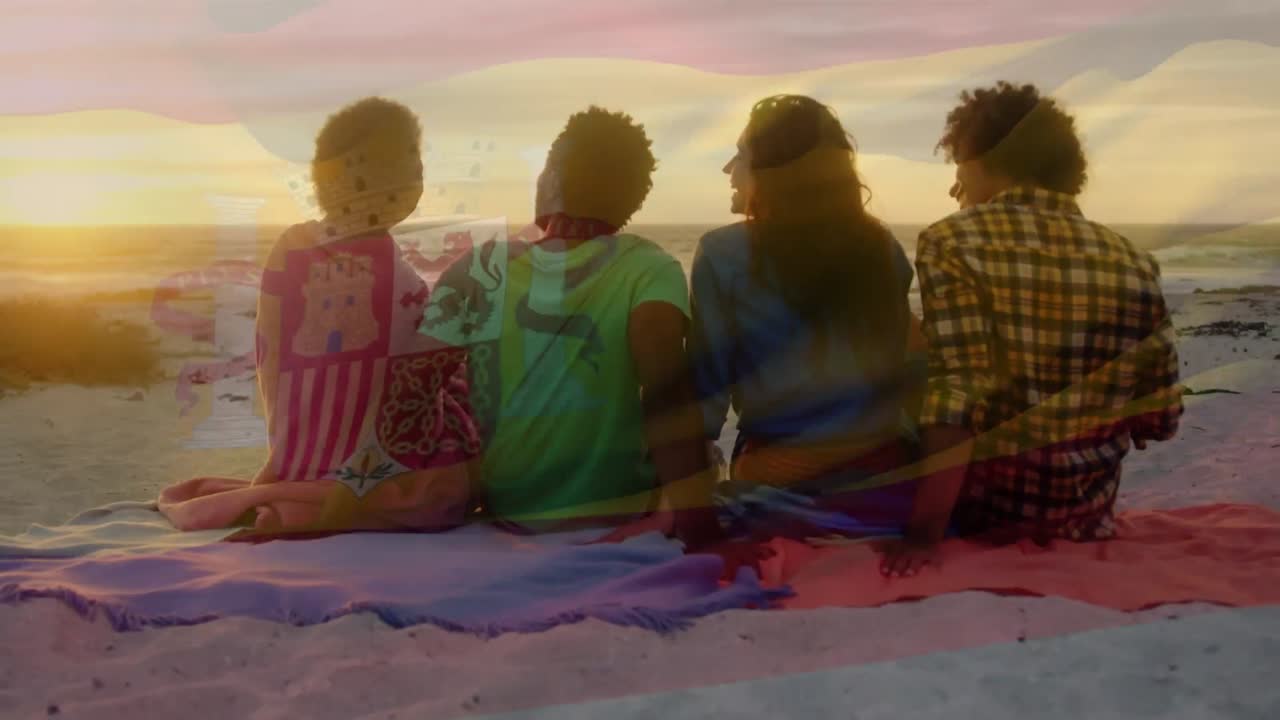 해변에서 다양한 친구 그룹 위에 스페인 발을 흔들고 있는 애니메이션