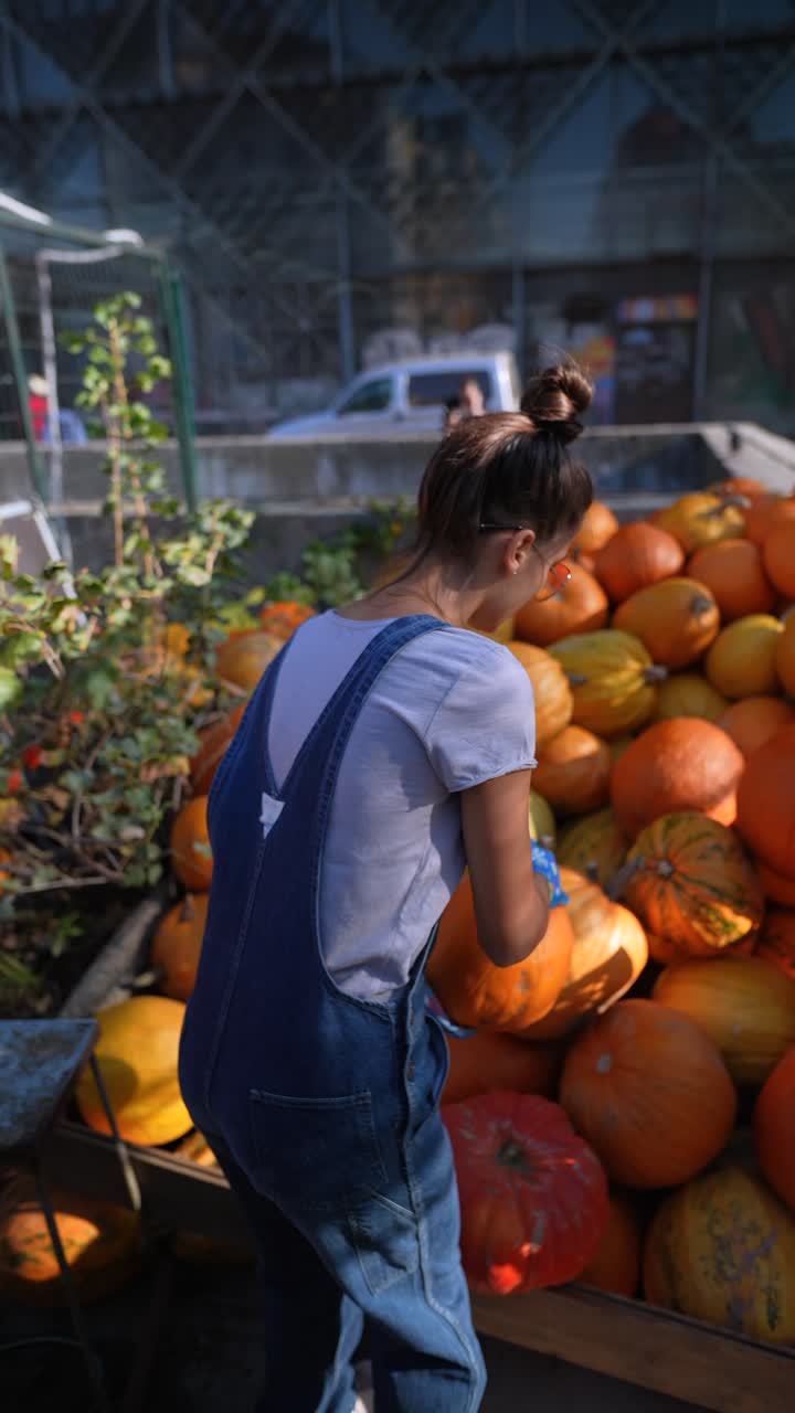 가을 시장 에서 호박 을 수확 하는 여자