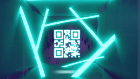 Animation of glowing neon and qr code flickering over computer servers