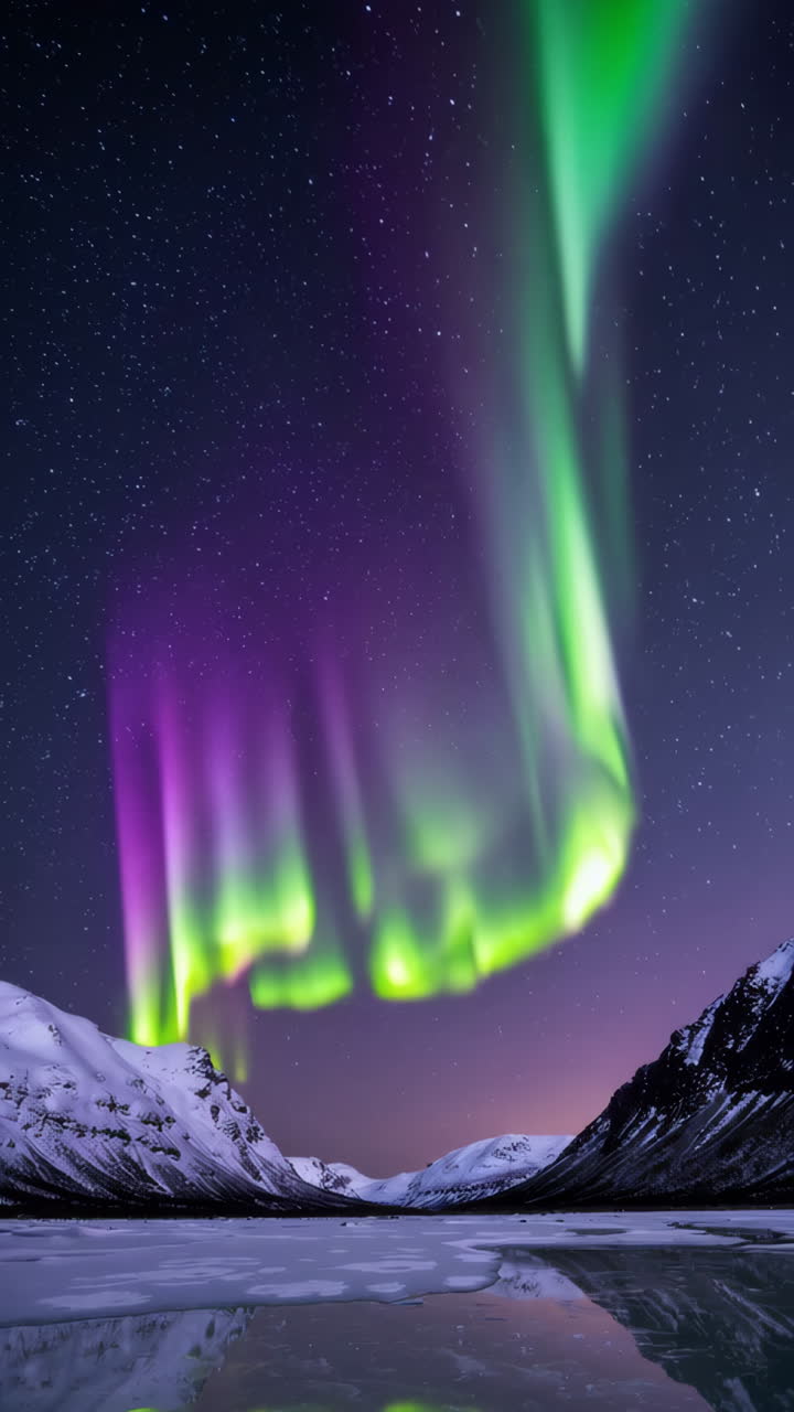 Vibrant Aurora Borealis Over Snowy Mountains and Frozen Lake