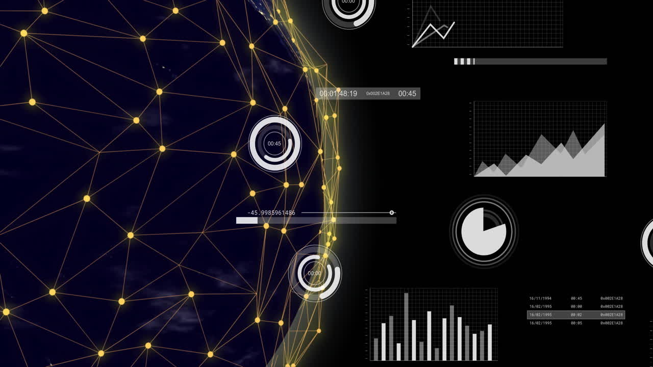 Animation of icons and data processing over globe on black background