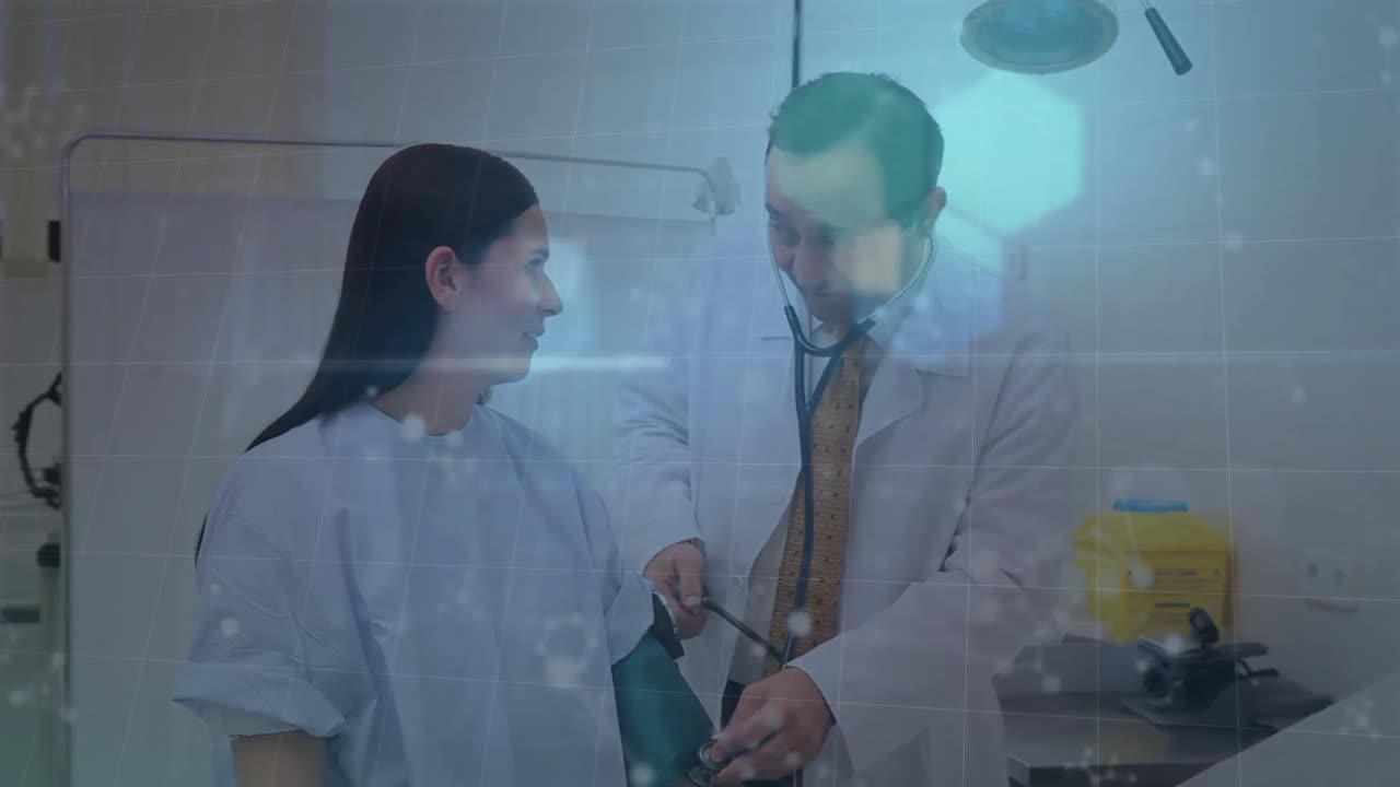 animación de la frecuencia cardíaca y hexágonos sobre diversas pacientes femeninas y médicos masculinos en el hospital