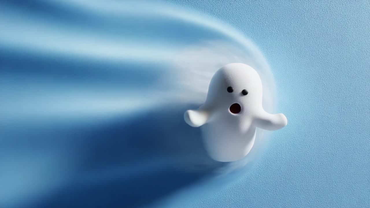 A whimsical ghost character gliding through a blue background at high speed, showcasing motion with a playful and animated expression, perfect for capturing the essence of fun and fantasy