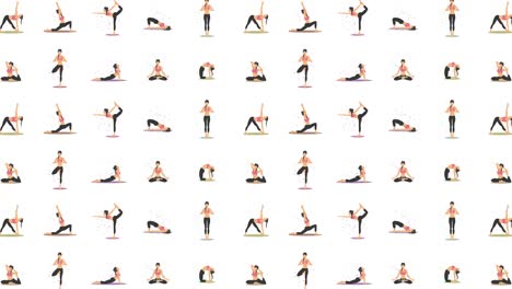 ejercicio de yoga en la naturaleza. colección de personajes de dibujos animados femeninos que demuestran varias posiciones de yoga. colorida animación de bucle plano. relajarse y meditar.
