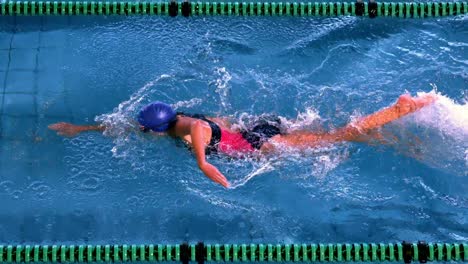 Colocar-Nadadora-Haciendo-El-Golpe-Frontal-En-La-Piscina.