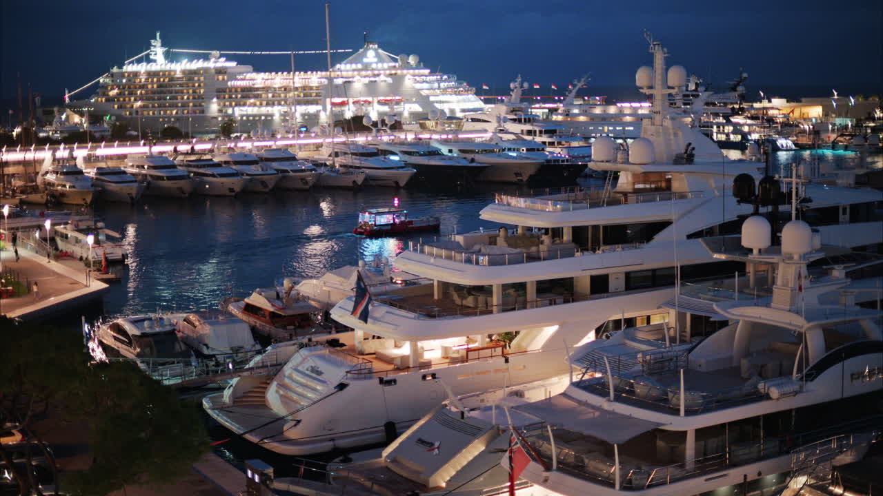 Aerial view of the Monte Carlo Yacht Show in the evening