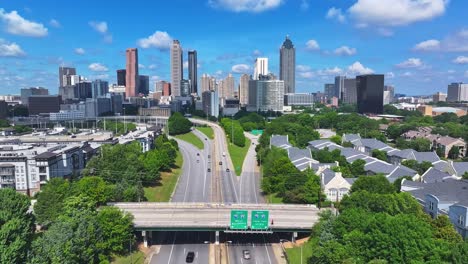 skyline of downtown atlanta from jackson street bridge in atlanta, georgia, usa. - aerial shot