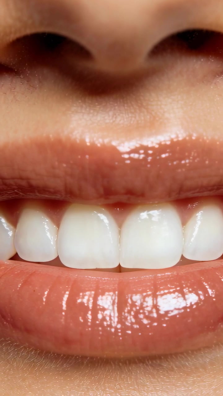 Vertical video: Showing model mouth relaxing, lips closing in studio, showing glossy lip and teeth