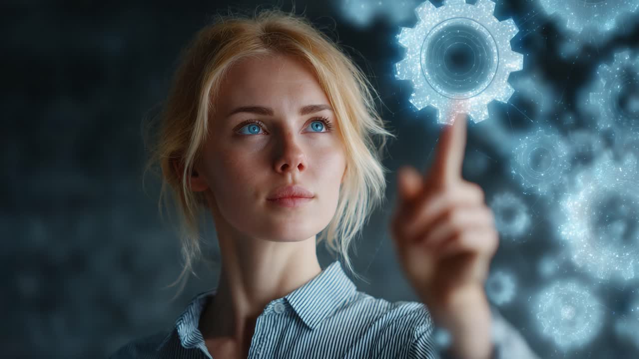 An Innovative Woman Engages with a Digital Interface, Representing Technology and Progress through Interactive Gear Graphics and Thoughtful Expression