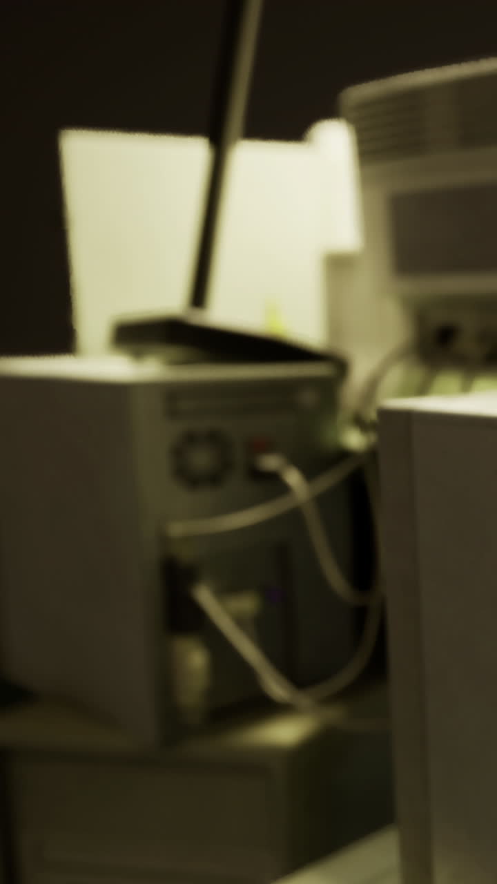 Old computers and equipment in a cluttered office space at night