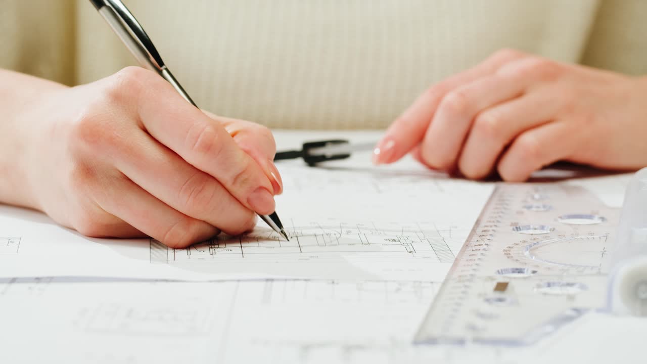 Person working on architectural blueprints with a compass