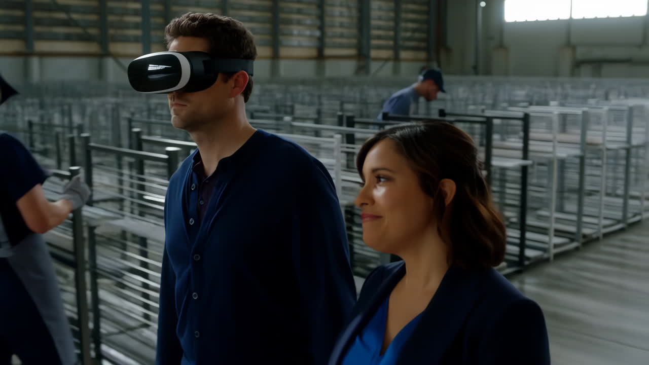Man in VR Headset with Woman in Warehouse