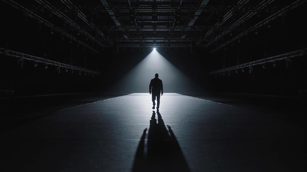 Uomo vestito di scuro che cammina e avanza verso la telecamera su un palco lucido, illuminato da un riflettore per un'entrata in scena.