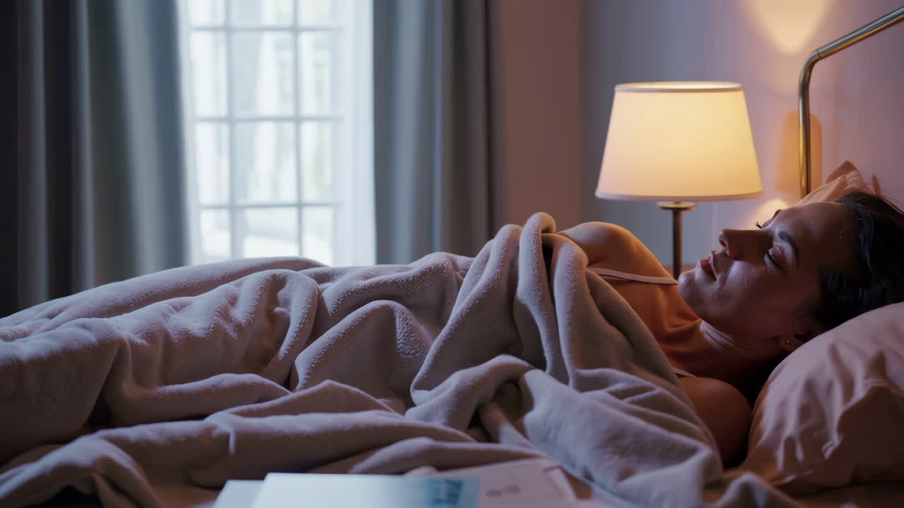 밤에 침대에서 자고 있는 여자