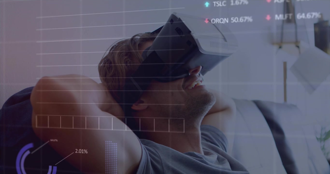 Animation of data processing over caucasian man with vr headset