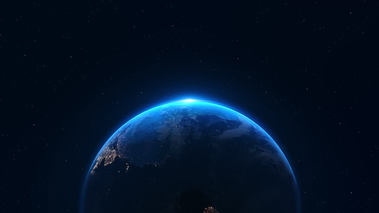深宇宙で回転する地球、地球儀、4Kの丸い惑星、地球の背後から昇る太陽