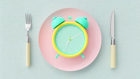 reloj de alarma velocidad rápida en la placa pastel rosa con tenedor y cuchillo
