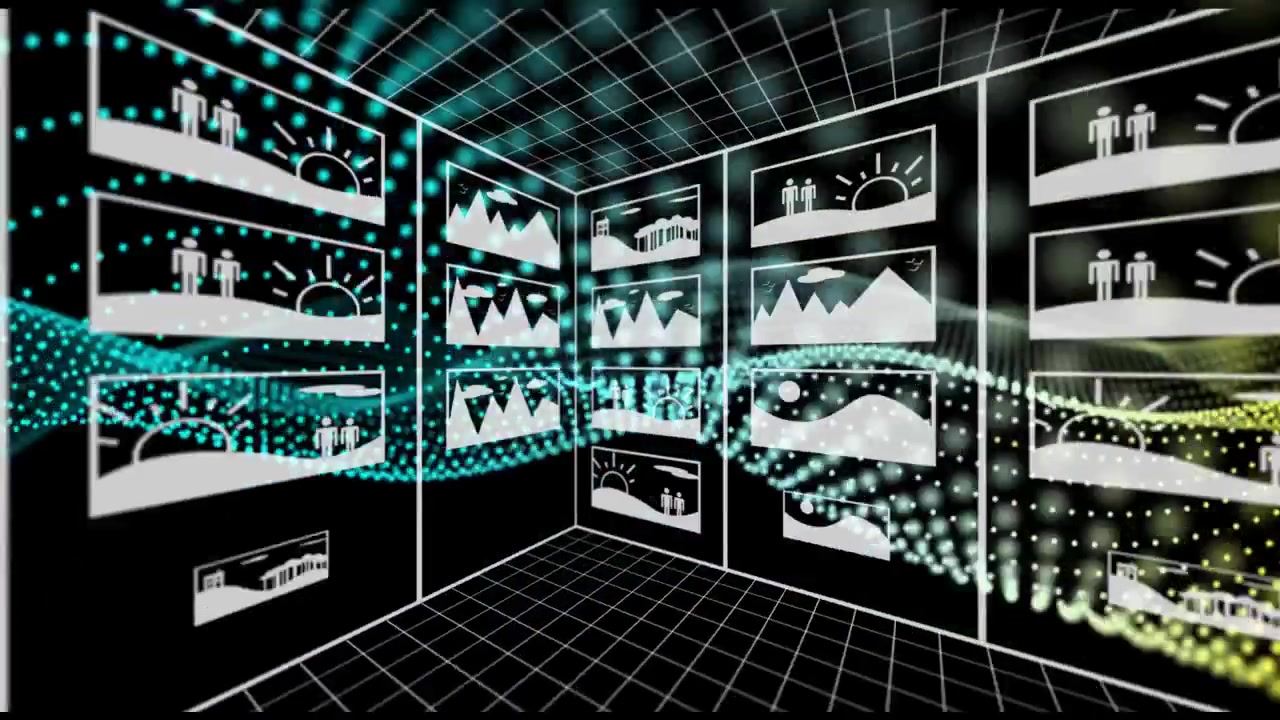 Camera panning, particle wave moving across grid, thumbnails appearing, forming digital gallery