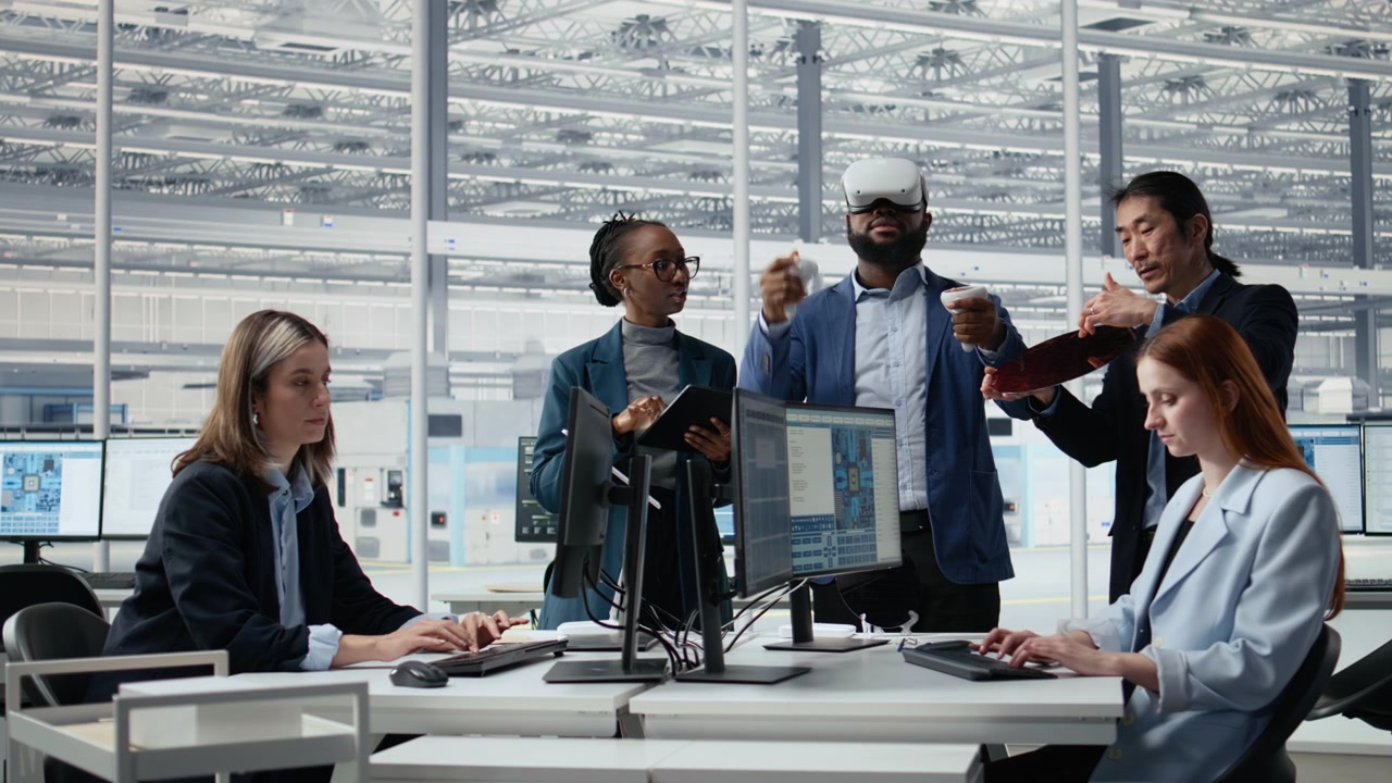 Diverse Business Team Collaborating with Virtual Reality and Computers in Modern Office