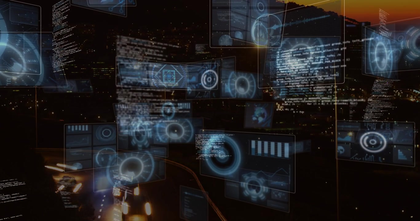 Animation of round scanners and data processing against aerial view of city traffic at night