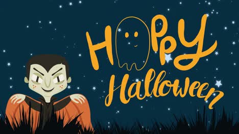 animation of happy halloween text over vampire and night sky