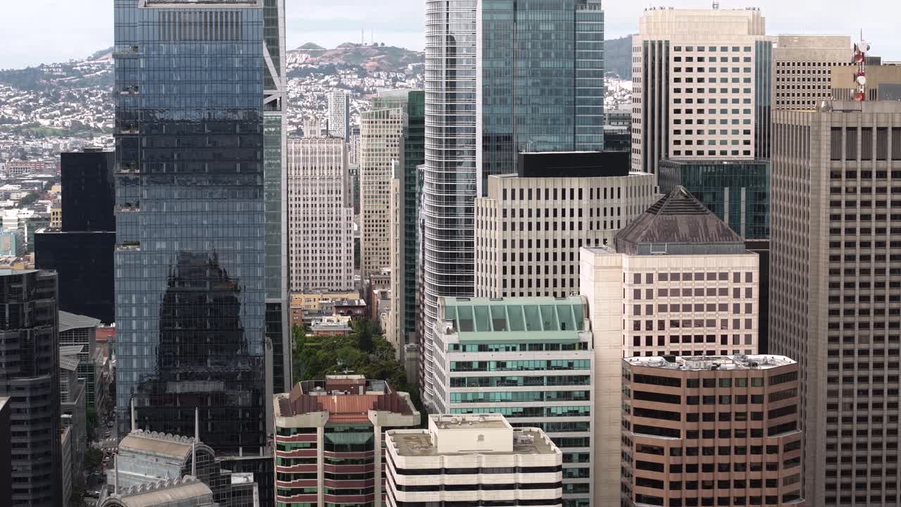 Downtown San Francisco Towers and Skyscrapers, Salesforce Park, Drone Aerial View, California USA