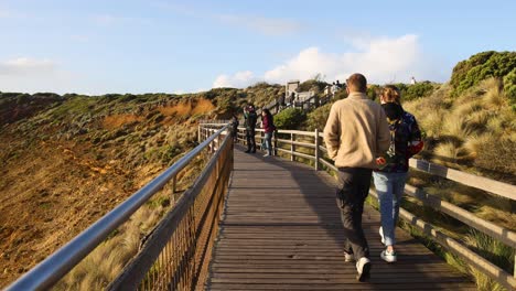 people walking on a boardwalk with scenic views