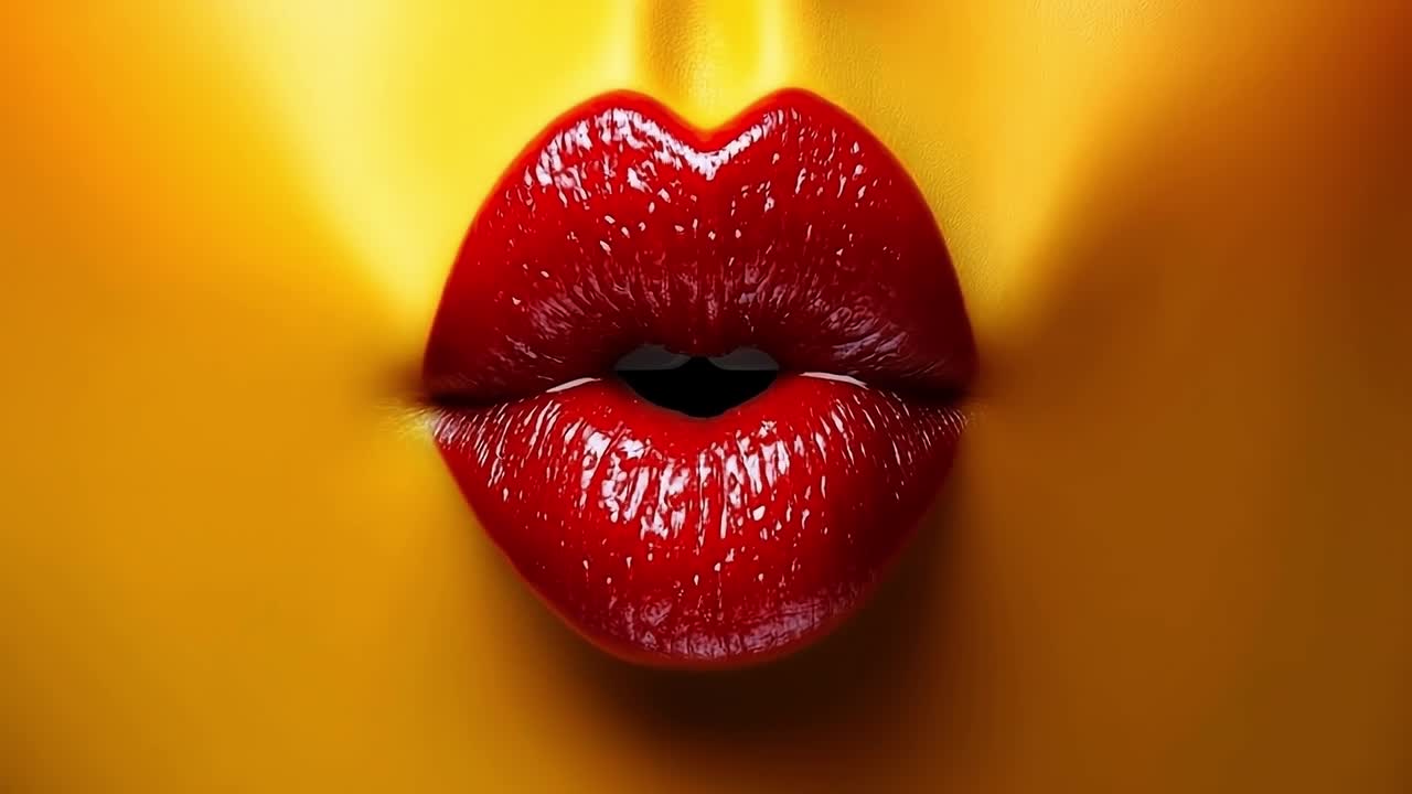 Glossy red lips are eye-catching. Close-up of glossy red lips on a bright yellow background, showcasing a captivating look with vibrant colors.