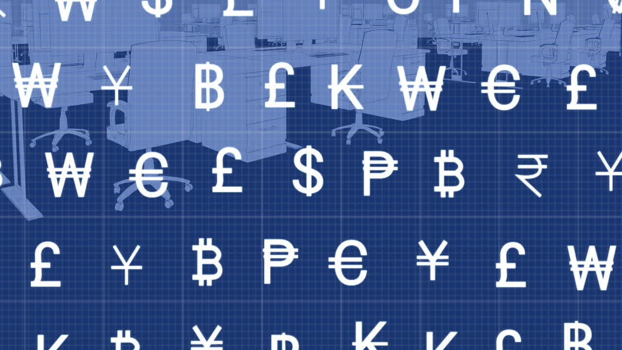 빈 사무실에 대한 그리드 네트워크를 통해 여러 통화 기호의 애니메이션