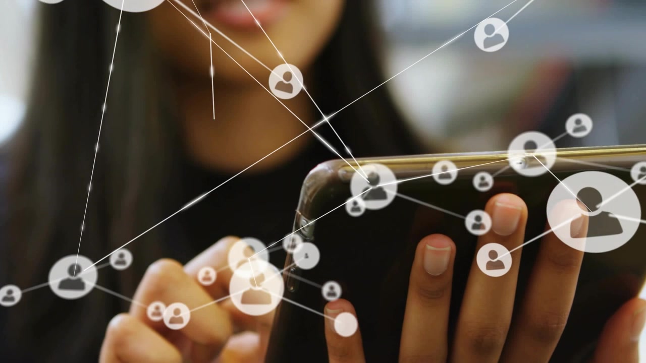 Woman tapping tablet, sparking animated nodes and links, showing network growth for tech creators