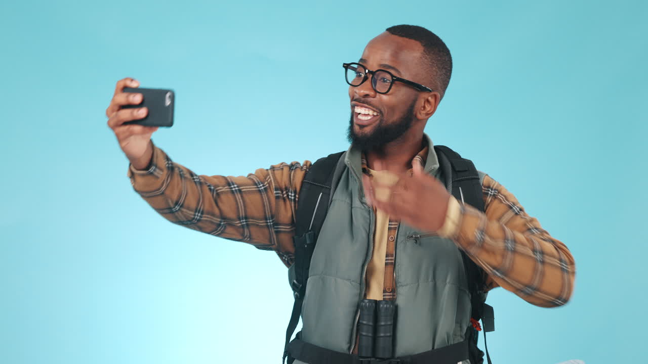 Hiking, live streaming and black man on blue