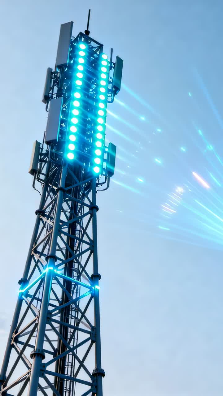 Vertical video: Pulsing tower showing LED color shifting after signal at cell site with node lights