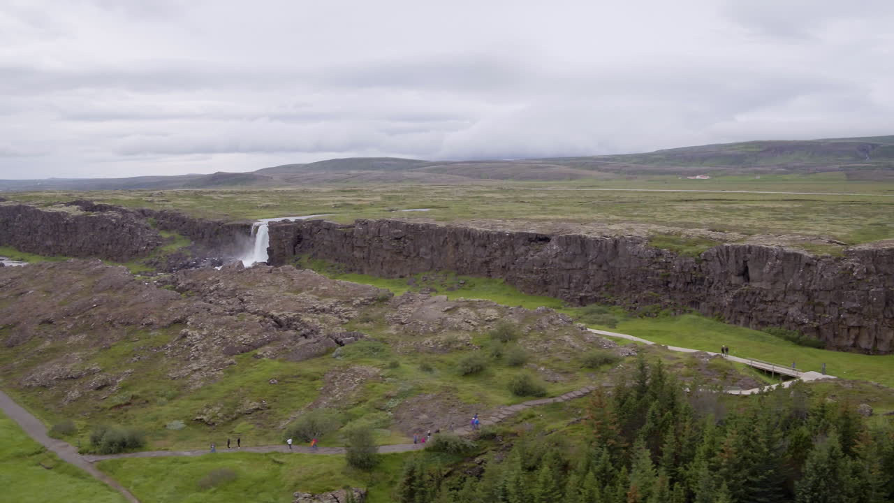 &Ouml;xar&aacute;rfoss waterfall and landscape in Iceland aerial tracking shot from right to left