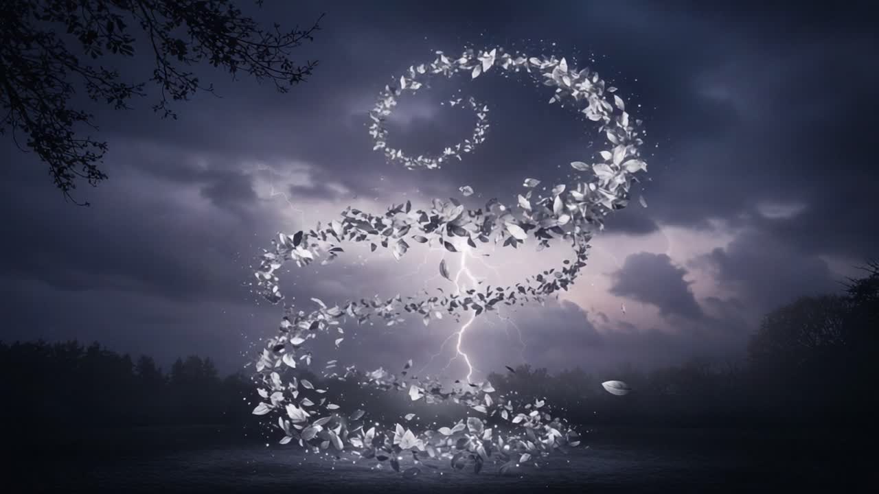 A Spectacular Display of Nature's Power: An Ethereal Spiral of White Butterflies Amidst a Dramatic Thunderstorm with Flashing Lightning